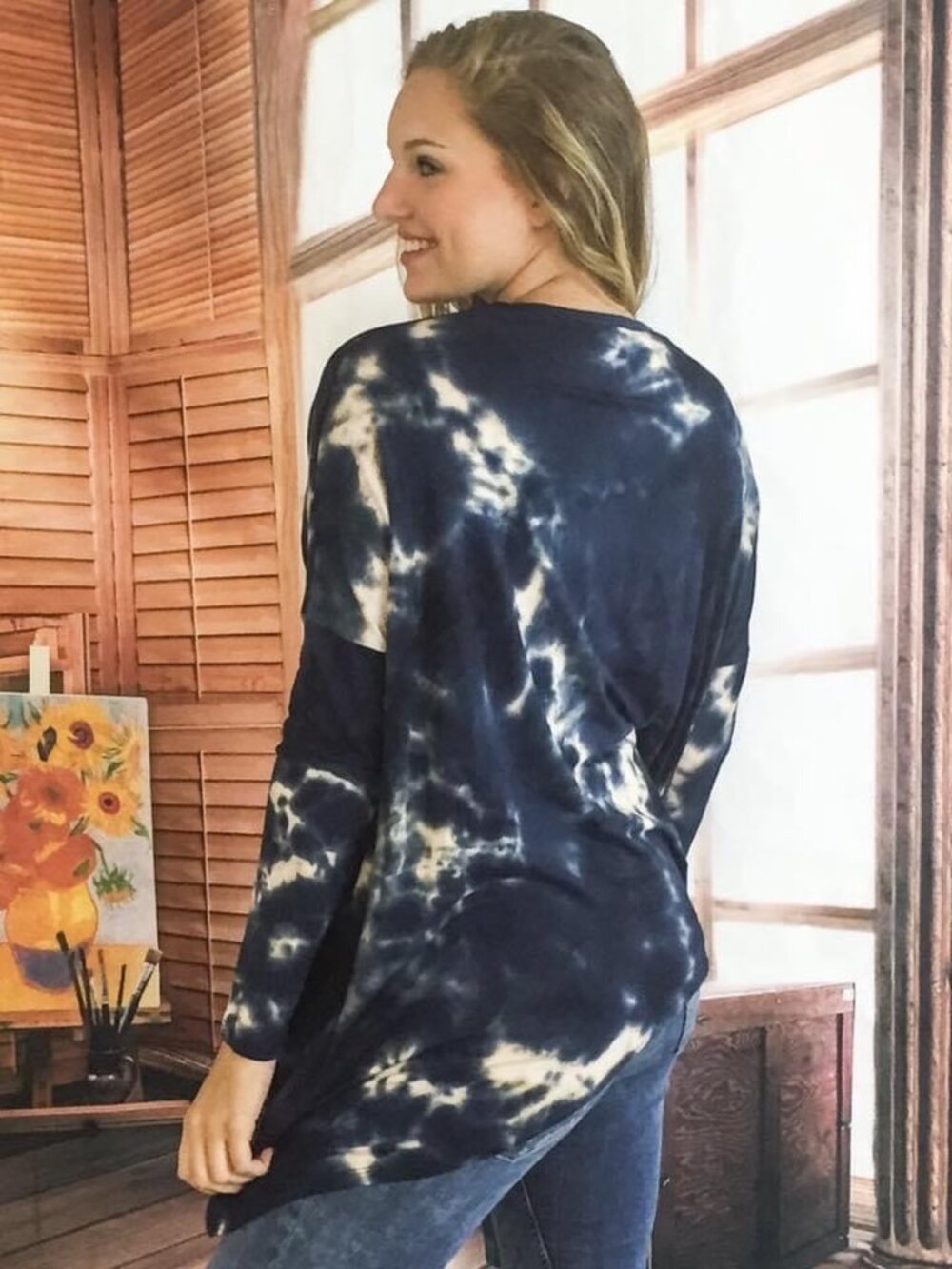 NWT Blue Tie Dye Open Front Draped Jersey Cardigan| Ethereal Grunge Boho Coastal - Picture 11 of 13